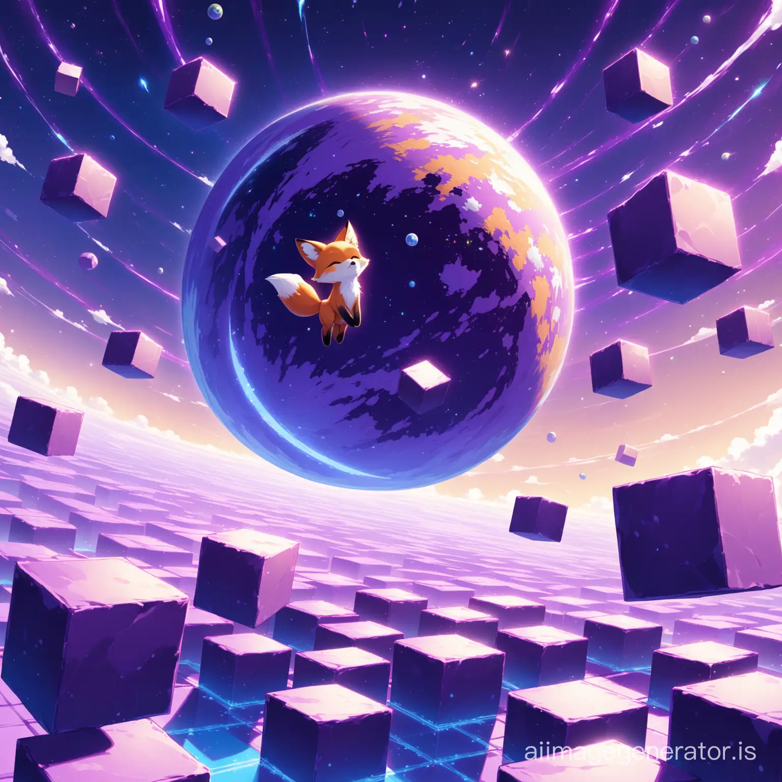 A little cute fox  flying on the  purple block earth with super detail and High Quality
big and Purple and floating blocks are seen everywhere
Details are evident beautifully and with great precision
