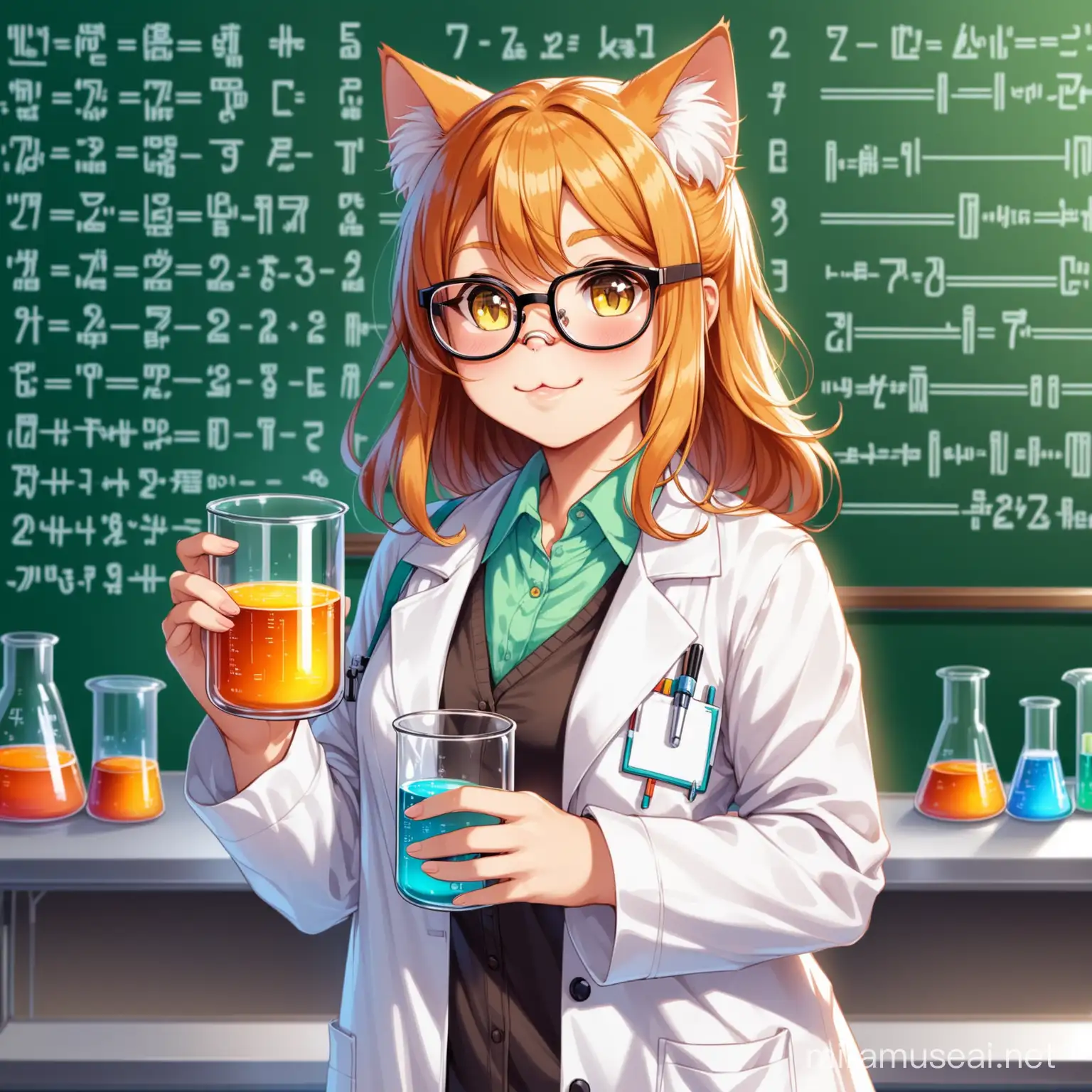 cat wearing nerd glasses, dressed in a lab coat, holding a glass beaker, Science calculations in background.