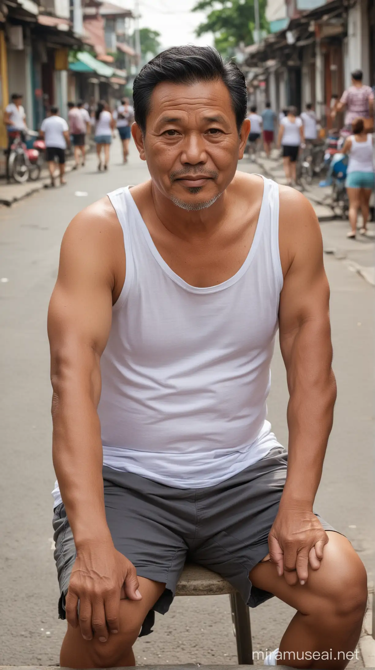 Foto realistis,bapak bapak indonesia usia 55 tahun badan gemuk,rambut hitam rapi belah tepi,memakai baju tank top putih dan celana pendek tipis,sedang duduk di jalan yang sepi,latar belakang orang jiging