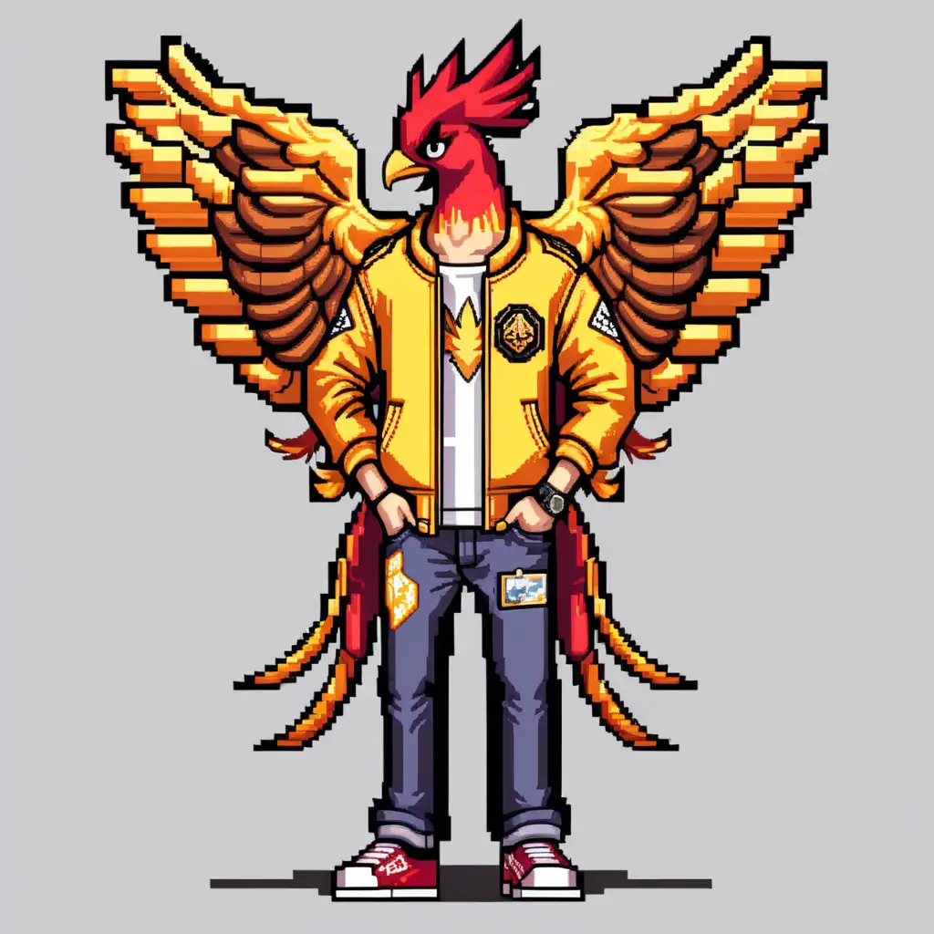 2d pixel art full body Male Phoenix gang member with a gold jacket with emblems 