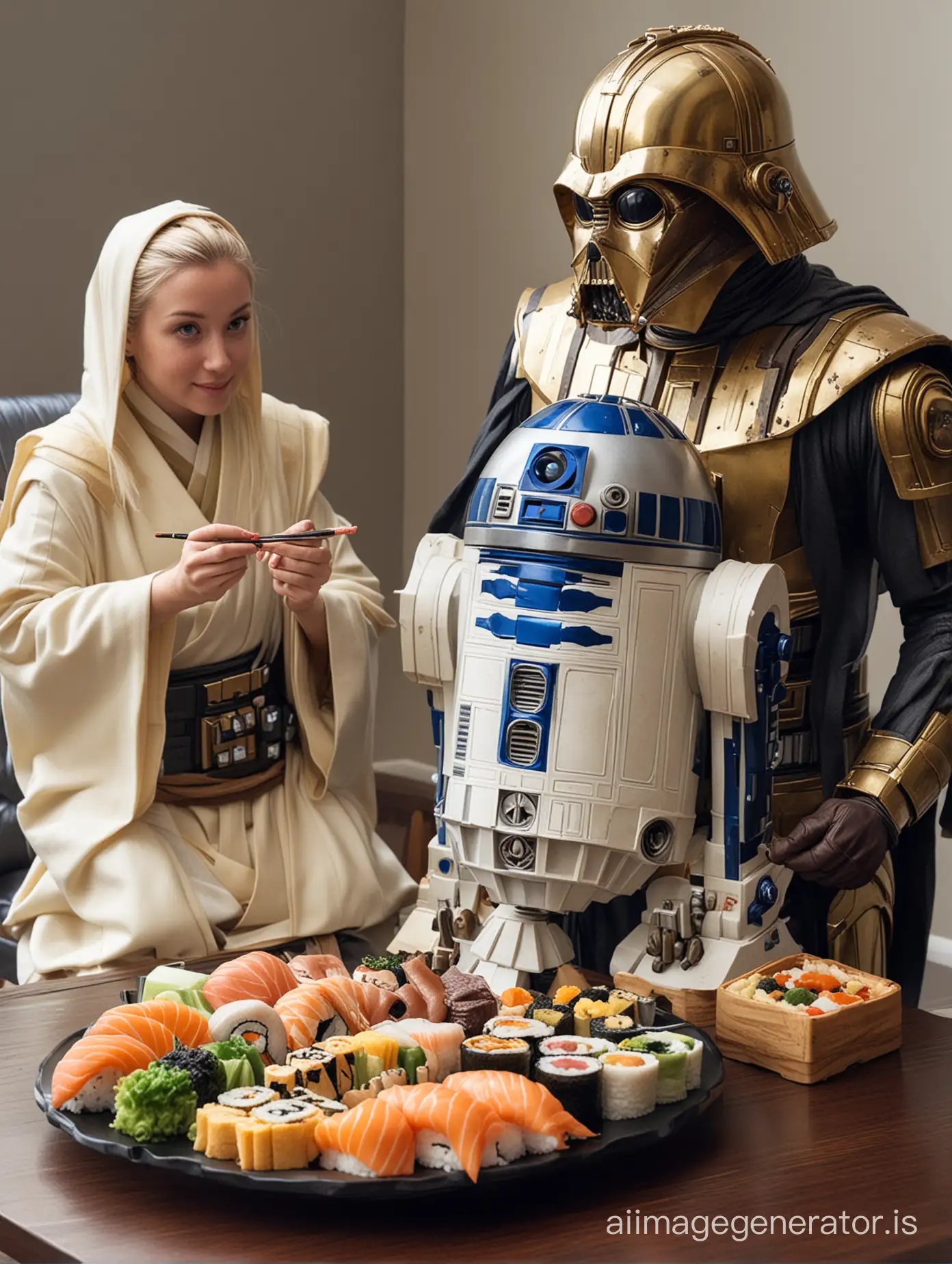 master jedi eating sushi with R2-D2 and C-3PO