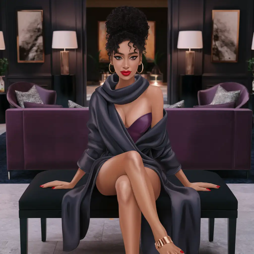 FULL BODY SHOT Illustrate PLUM sofa in back ground, DARK WALL WITH LAMPS & PAINTINGS DETAILED UPSCALE MODEN FURNITURE IN THE VILLA BACKGROUND.  vivid digital airbrush artwork an SLIGHTLY SMILING African American chibi lady with large captivating eyes, black curly hair in A BUN updo with a dark gray scarf. Wearing a DARK PINK silk robe  Grey CUT OUT SANDAL  shoes on. She is sitting with legs crossed on a black bench. SHE IS WEARING GOLD TOENAIL POLISH, WEARING RED  LIPSTICK .