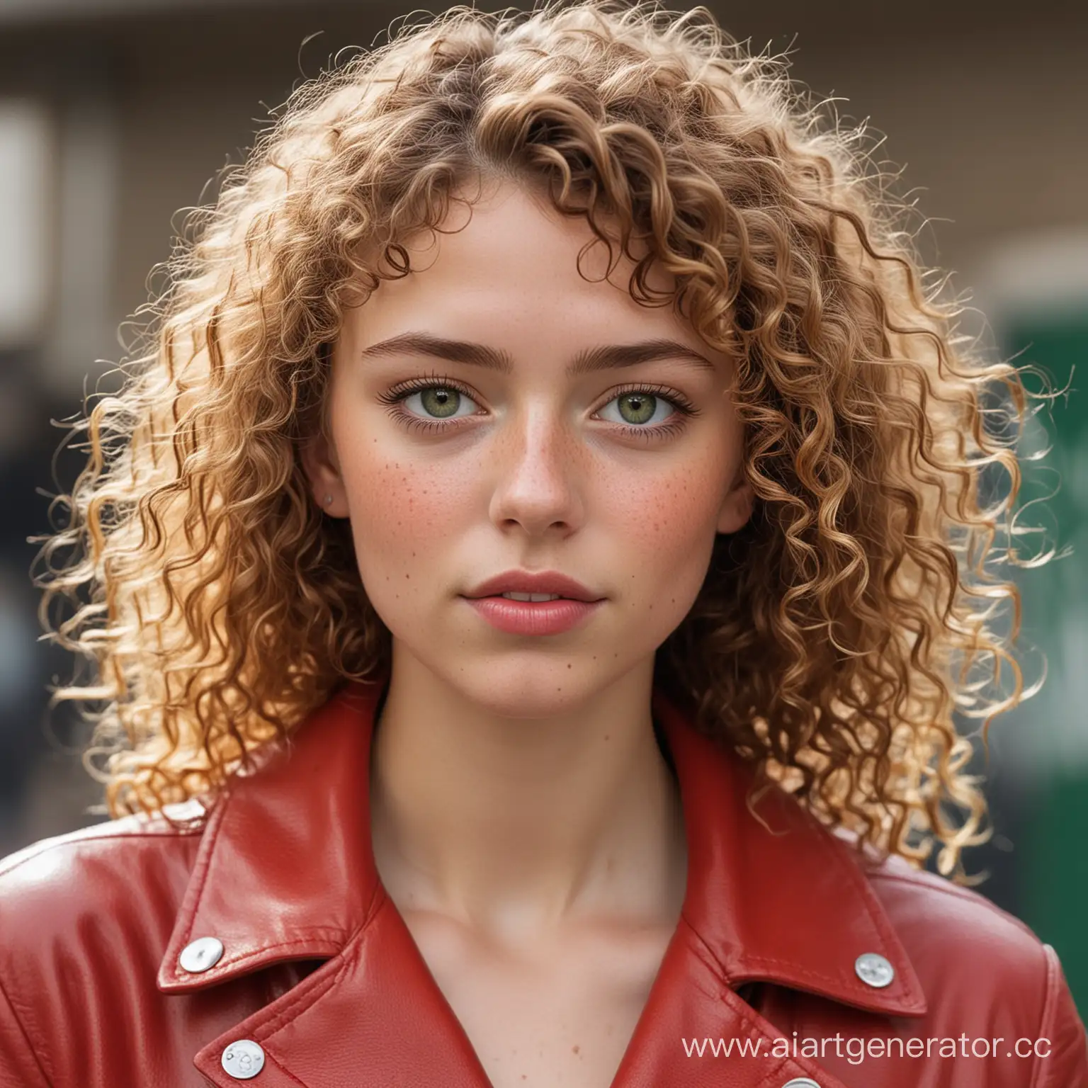 Curly-Haired-Girl-in-Red-Leather-Jacket-with-Freckles-and-Green-Eyes