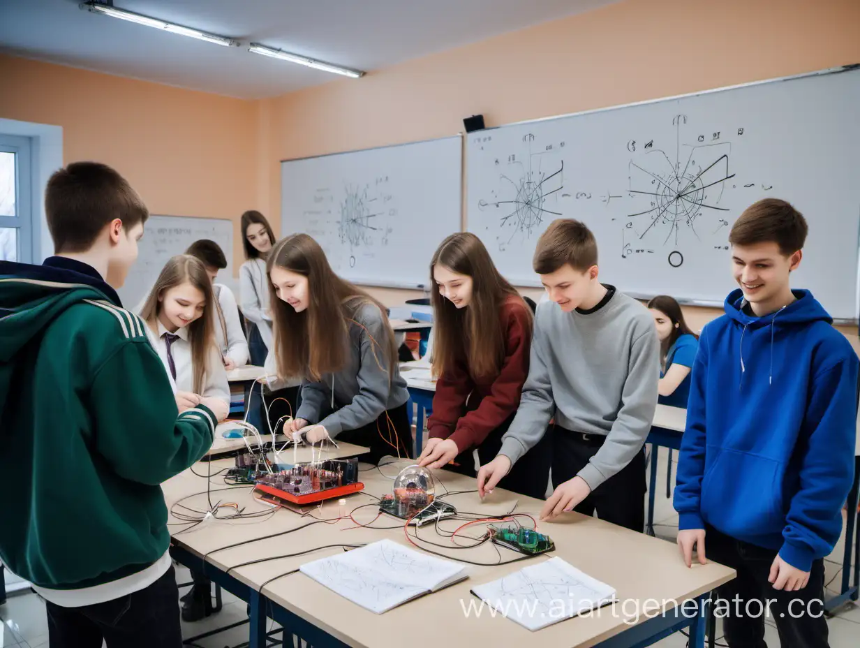 In the background, we can see various symbols from physics and mathematics, as well as a group of high school students smiling and conducting electricity experiments. Russian students are solving interesting mathematical problems and seem to be having a great time.