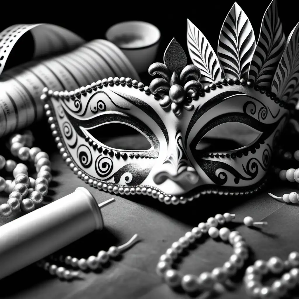mardi gras, carnival style art, cajun food, coloring page, black and white, cleaner lines, high dof, 8k, = ar 85:110