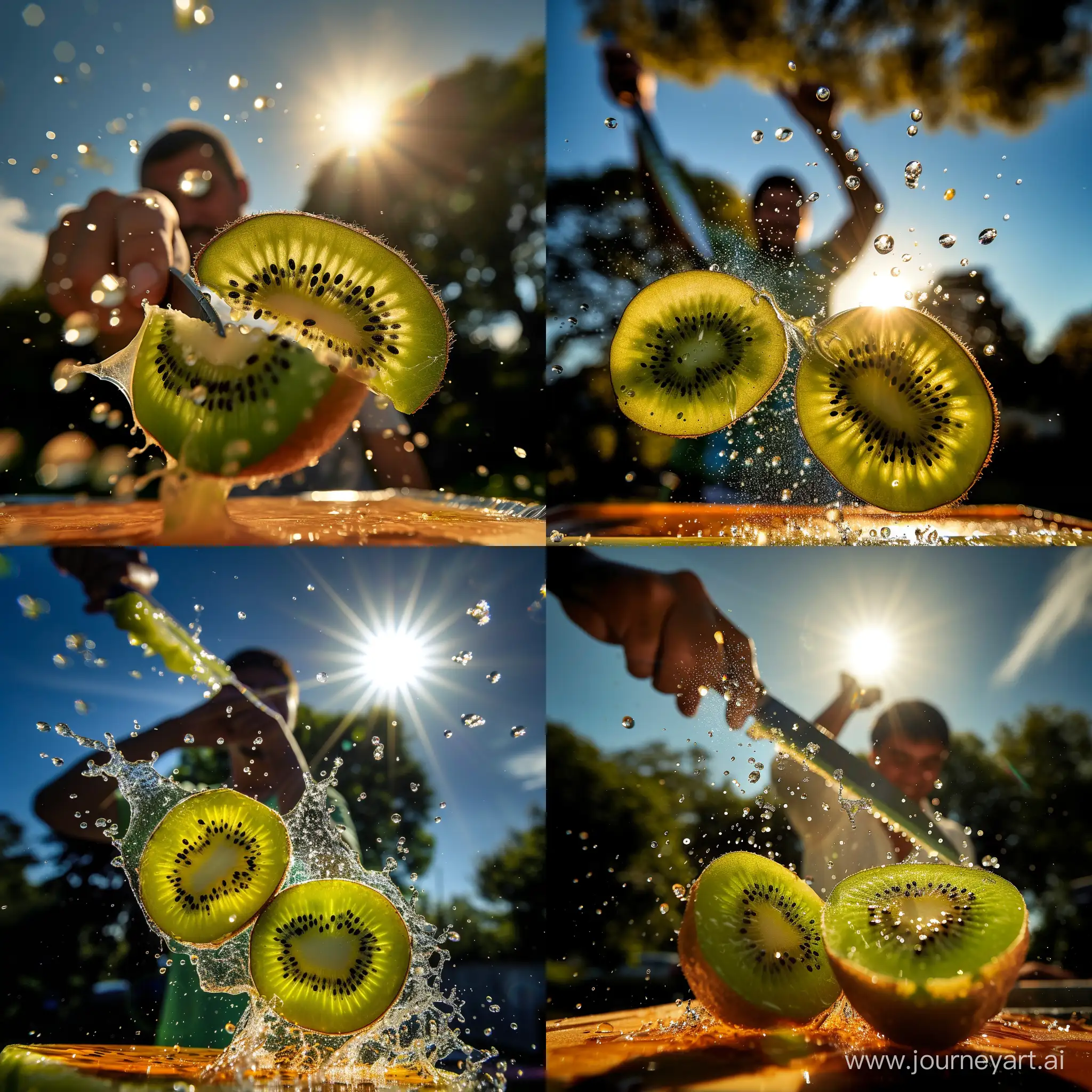  a dynamic and creative photograph featuring a person in the background, blurred and out of focus, holding a knife and slicing a kiwi fruit in mid-air. The kiwi is captured in the foreground with great detail and sharpness, split into two halves, with one half closer to the camera than the other. Droplets of juice and kiwi seeds are visible in the air, creating a sense of movement and action. The sun is visible in the background, providing a warm backlight that highlights the edges of the kiwi and the droplets, enhancing the overall visual impact of the image. The background also includes trees and a blue sky, suggesting that the photo was taken outdoors, possibly during the late afternoon given the warm sunlight. -- 9:16