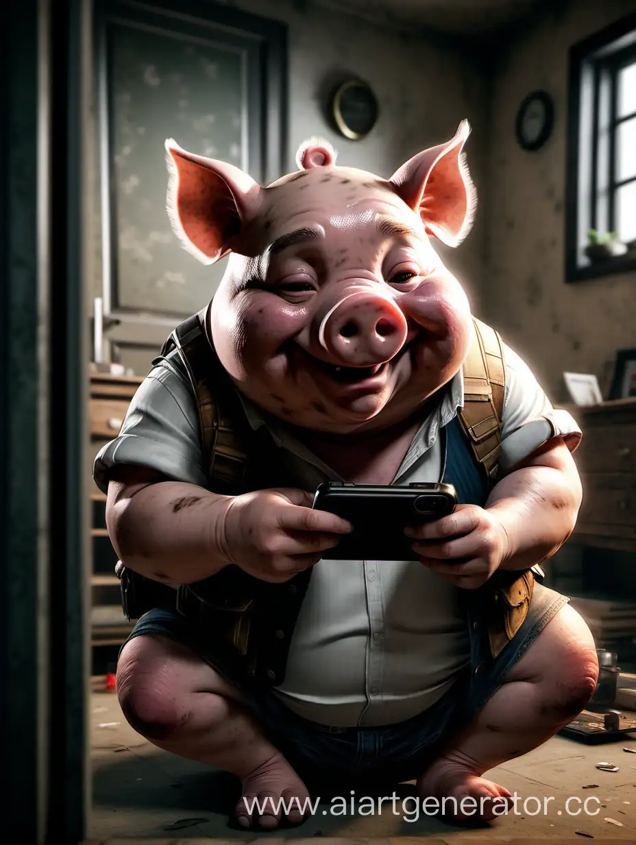 Sly-Smiling-Piglet-Playing-PUBG-on-Smartphone-in-Rustic-Apartment-Setting