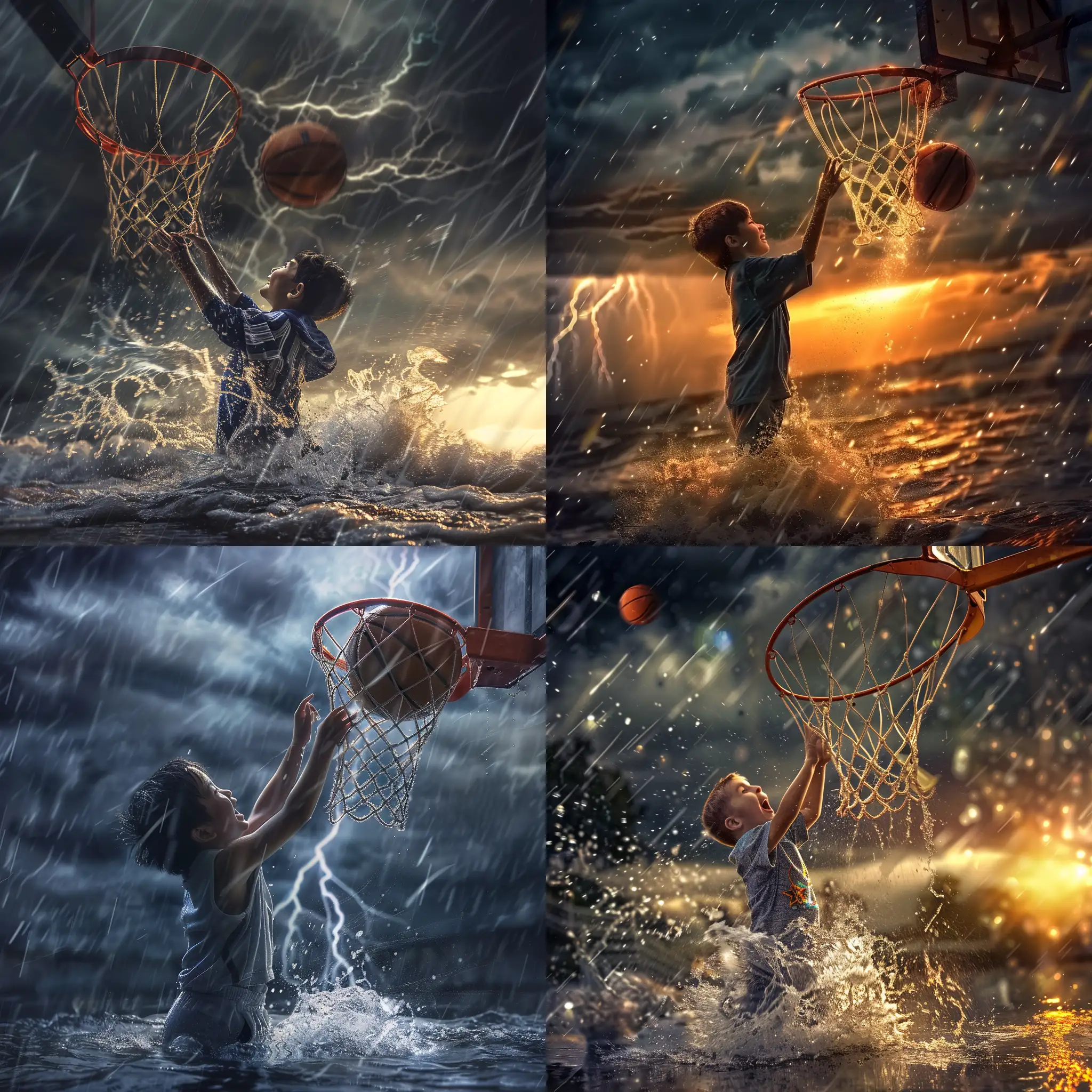 一个小男孩在狂风暴雨中对着篮筐投篮，他很开心，笑容很治愈