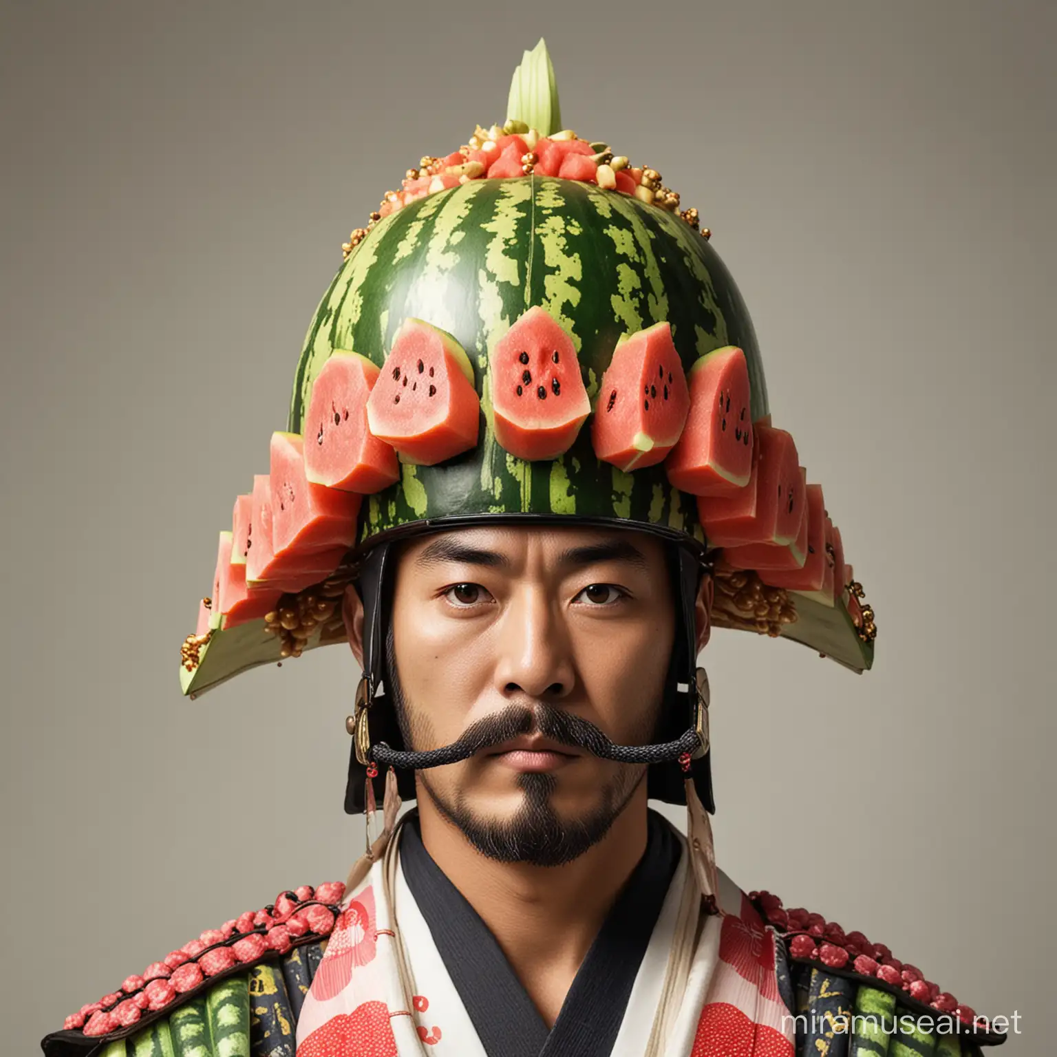 Japanese shogun wearing watermelon helmet