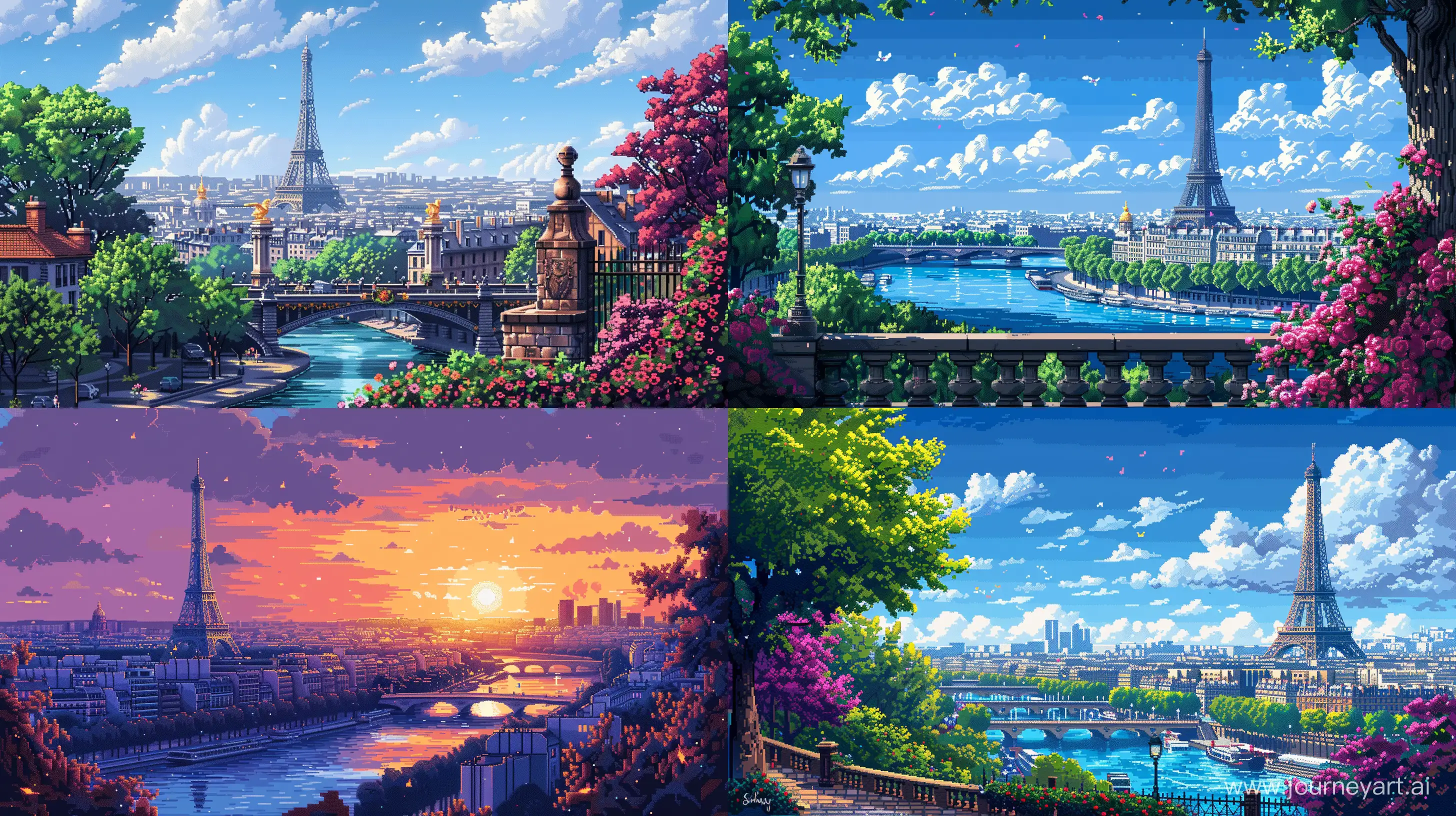 Paris City View Illustration in 8-bit Pixel Art Style, Day, Retro Color Details, Extremely Details --v 6.0 --s 500 --ar 16:9