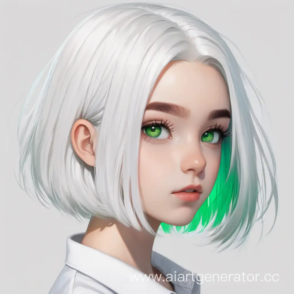 Девушка с белыми волосами прическа каре и зелёными глазами и белой рубашкой