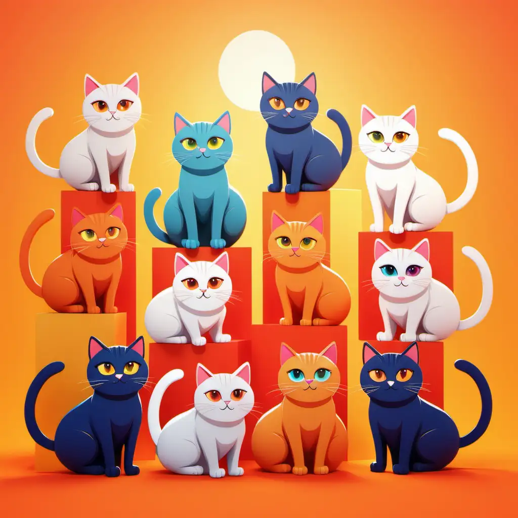 A playful and vibrant design showcasing a collection of cute quirky cats in various poses set against a background of warm, sunny colors. --v 5