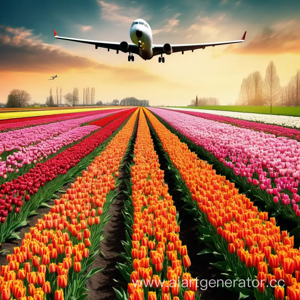 Aerial-View-of-Plane-Flying-Over-Vibrant-Tulip-Fields
