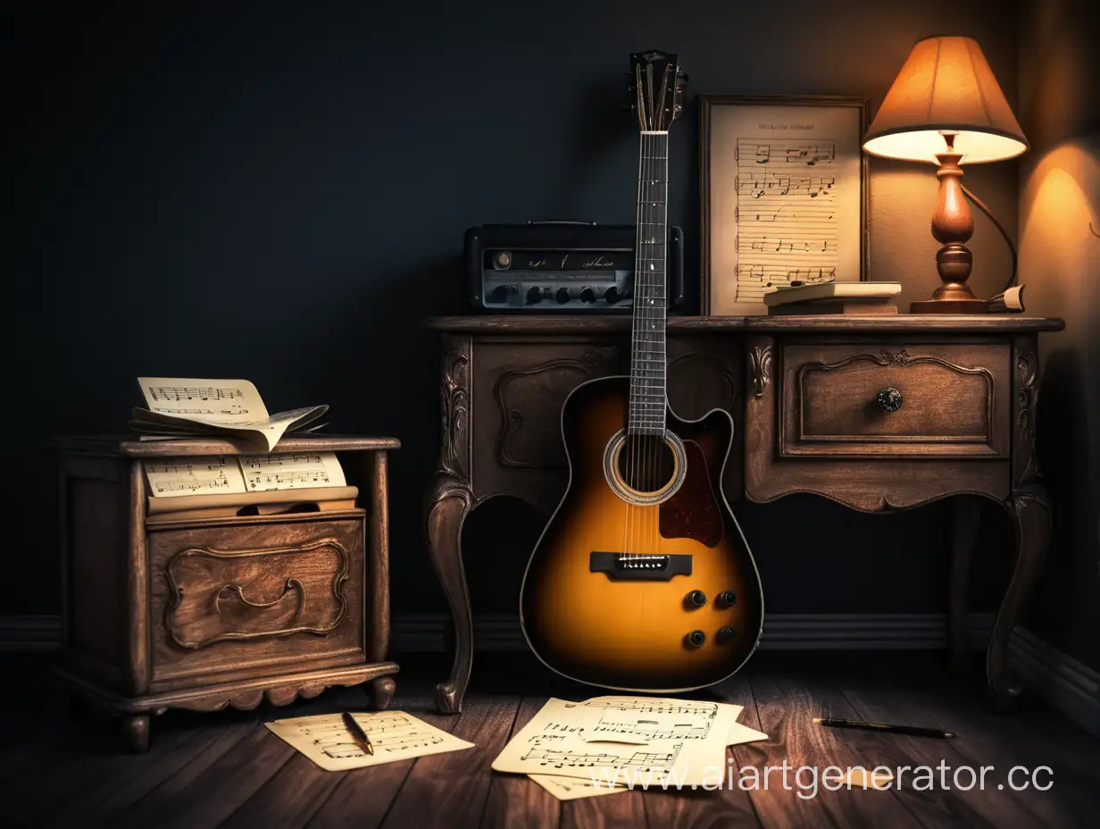 Abstract-Guitar-on-Antique-Nightstand-with-Musical-Notes-in-Dark-Background