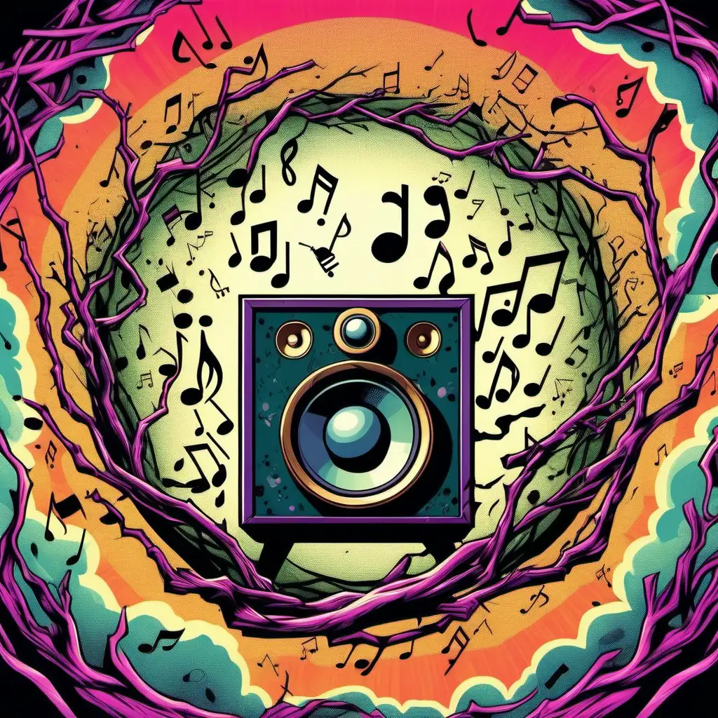 Psychedelic Music Speaker with Musical Notes in Round Branch Frame