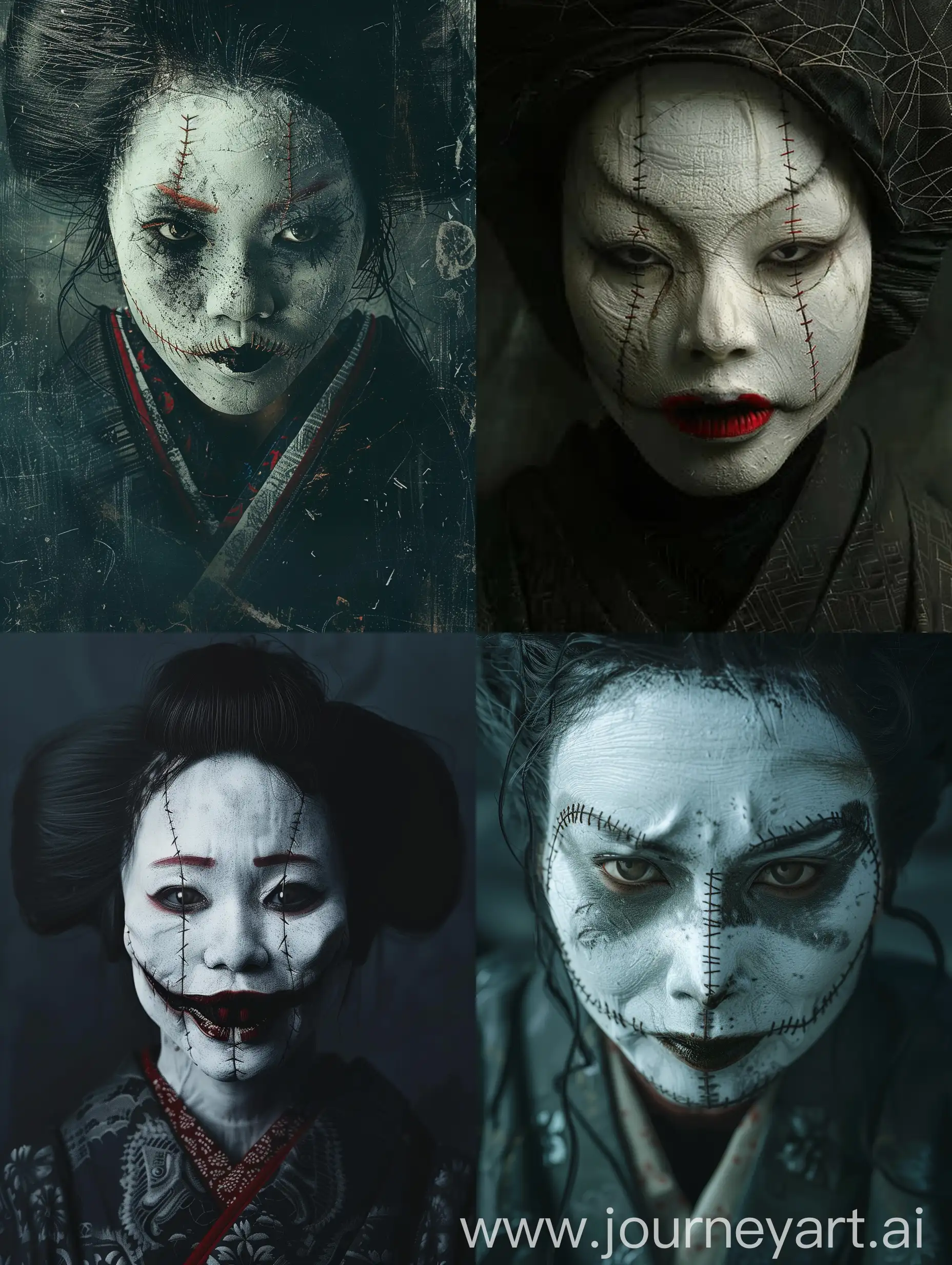 A chilling depiction of a Japanese ghostly woman with a white face paint, haunting stitched lips, and a terrifyingly realistic appearance. The image should evoke fear and unease. Keep it mysterious and eerie, suitable for a horror movie poster. --s 150 --ar 3:4 --c 5