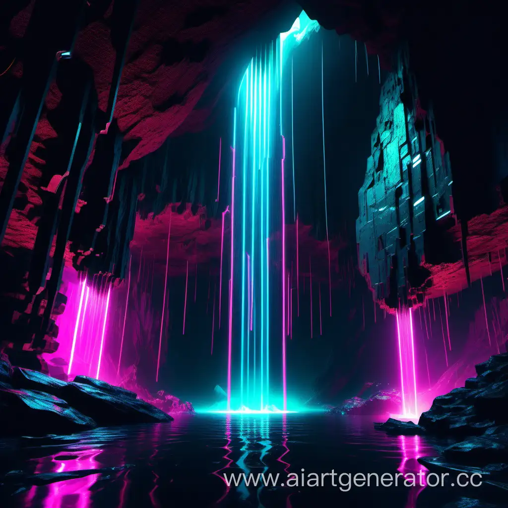 неоновый водопад в пещере в стиле cyberpunk