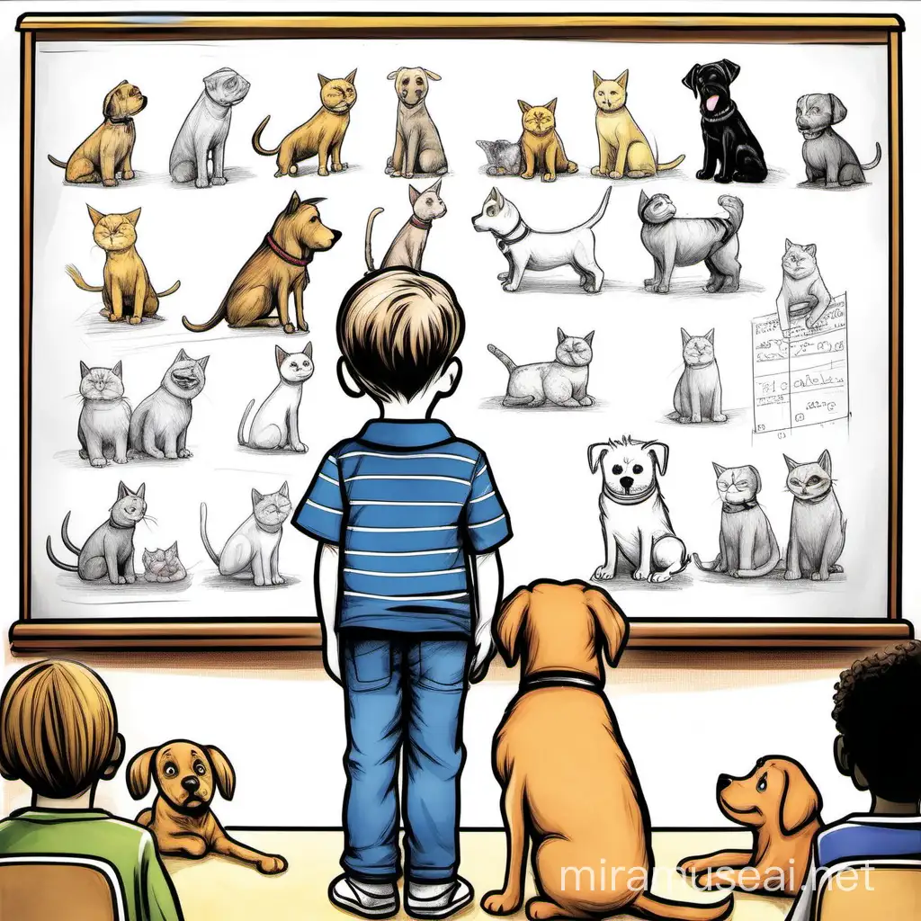 Child Learning Dog and Cat Differences with Illustrated School Board