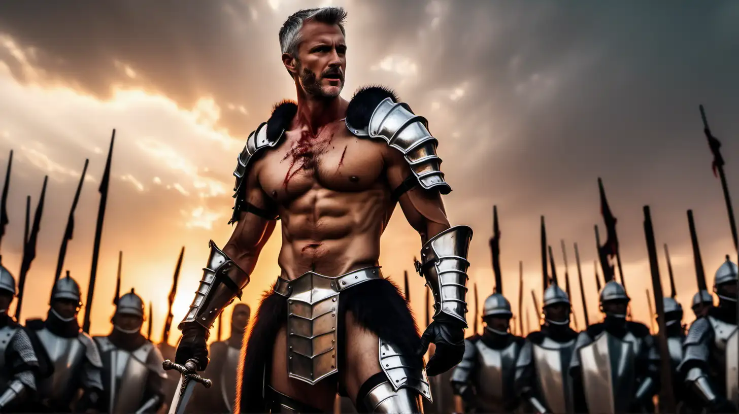 Handsome silver fox male knight commander shirtless muscular short hair stubbles show hairy chest show abs show legs full body shot very sweaty oiled up bloody leg armor gauntlets heroic rally speech to his male soldiers sunset