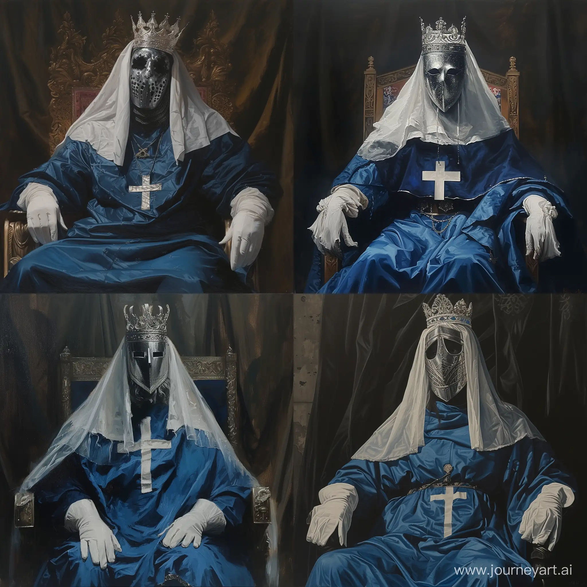 Dark oil painting of Baldwin IV of Jerusalem. He is wearing a face covering silver mask, blue robe and a white cross on it ,white veil and king crown. He has white silk gloves. Sitting on throne. Dark color brush strikes oil painting.