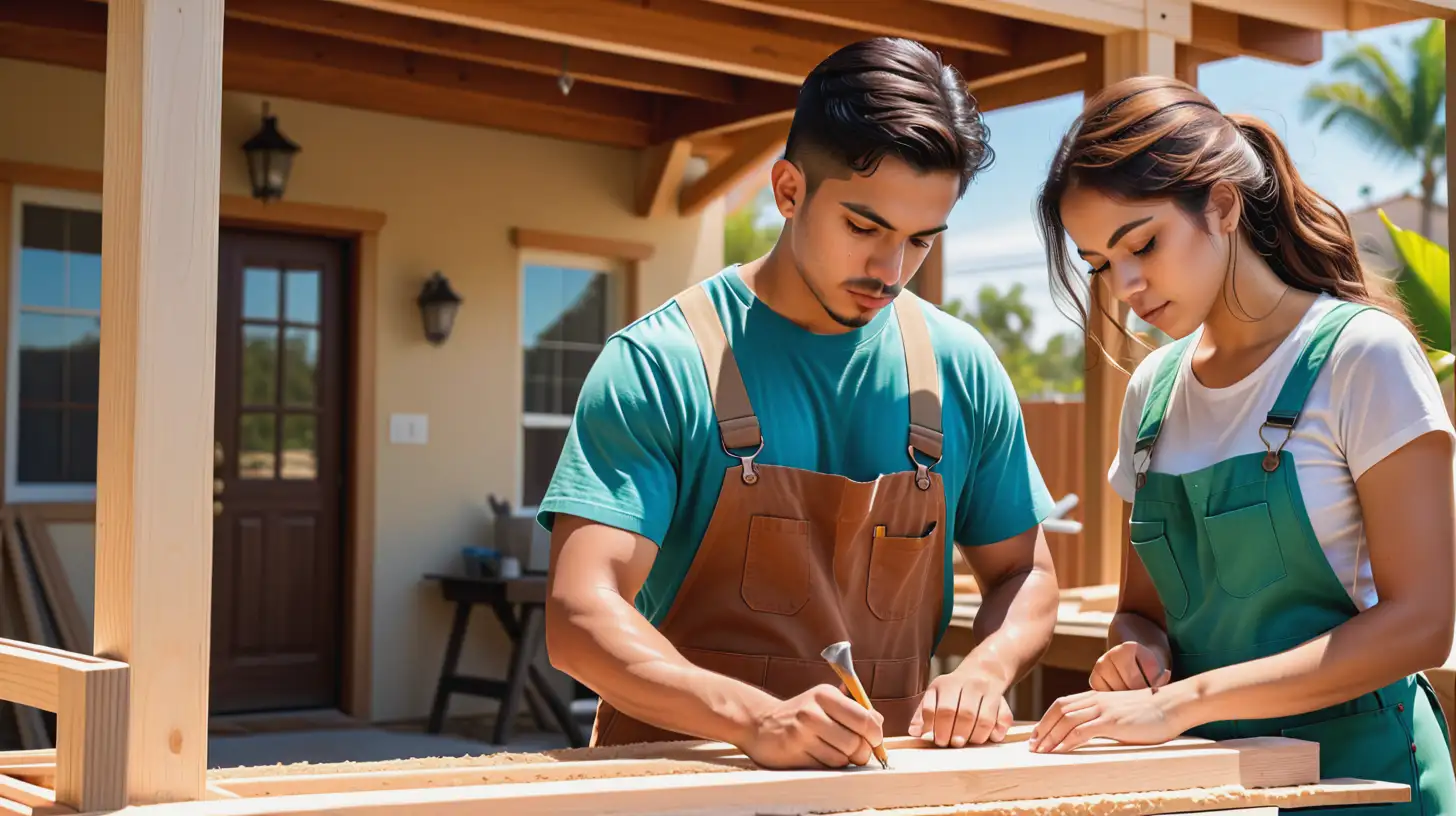 Young Hispanic carpenters (man and woman) working at their outside workstation
