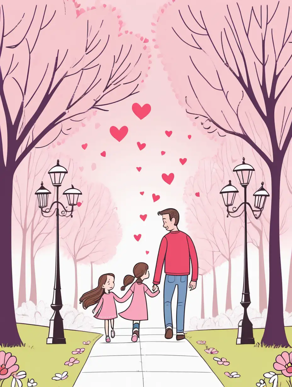 Cute, fairytale, whimsical, cartoon, younger Daddy and daughter Valentine's Day walk in the park with flower, simple, kids cartoon style, book cover, thick lines, colorful
