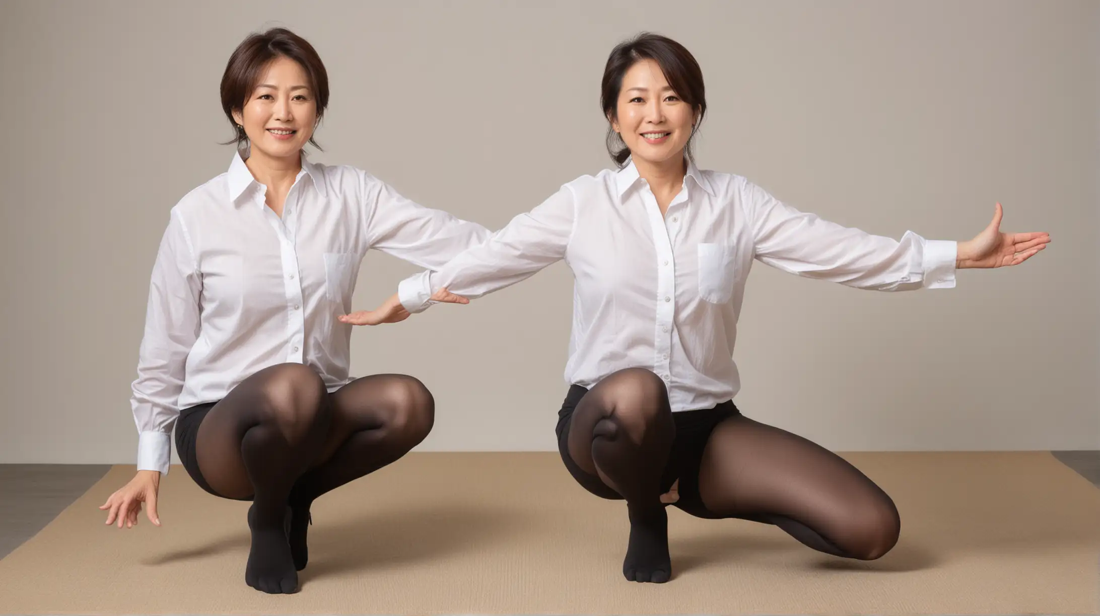Beautiful Mature Japanese Women wearing white button down shirts, Black Tights, no shoes, no pants or skirt, arms stretched overhead squatting slowly