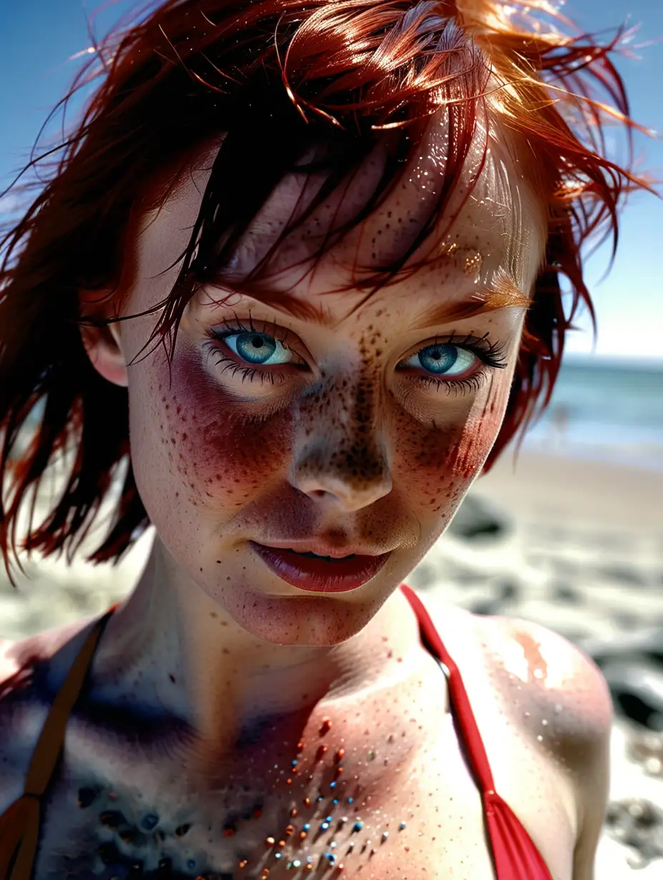 redhead with blue eyes and dark make-up, short chin length hair, some freckles on face, eye contact close up, posing on beach in a red bikini, Using: high-resolution photography, natural colors, dynamic composition, sunlight effects, clear blue sky, --ar 16:9 --v 6, 0