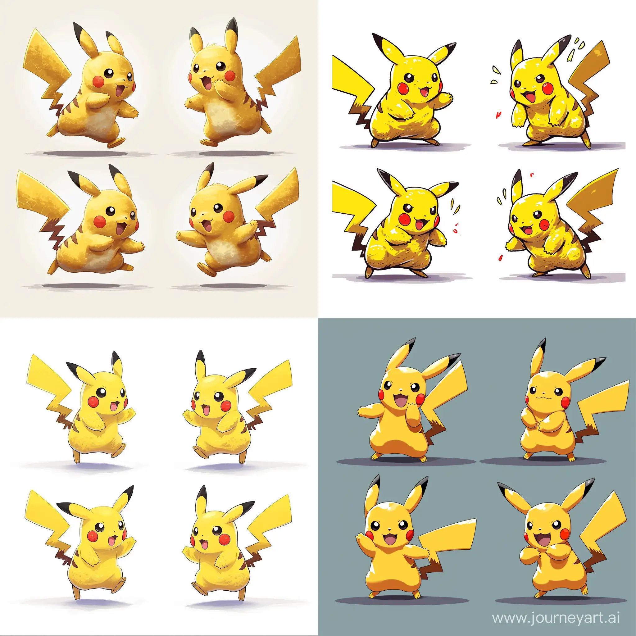 Create 4 sprites of the pokemon, Pikachu, the image of these 4 sprites must contain Pikachu in 4 different positions, they are: facing north, facing south, facing east, and facing west. In addition to the 4 requested sprites, each of them must have 2 additional sprites of Pikachu moving in its original position.  The style of the sprites must be inspired by the style of the Tibia game sprites.