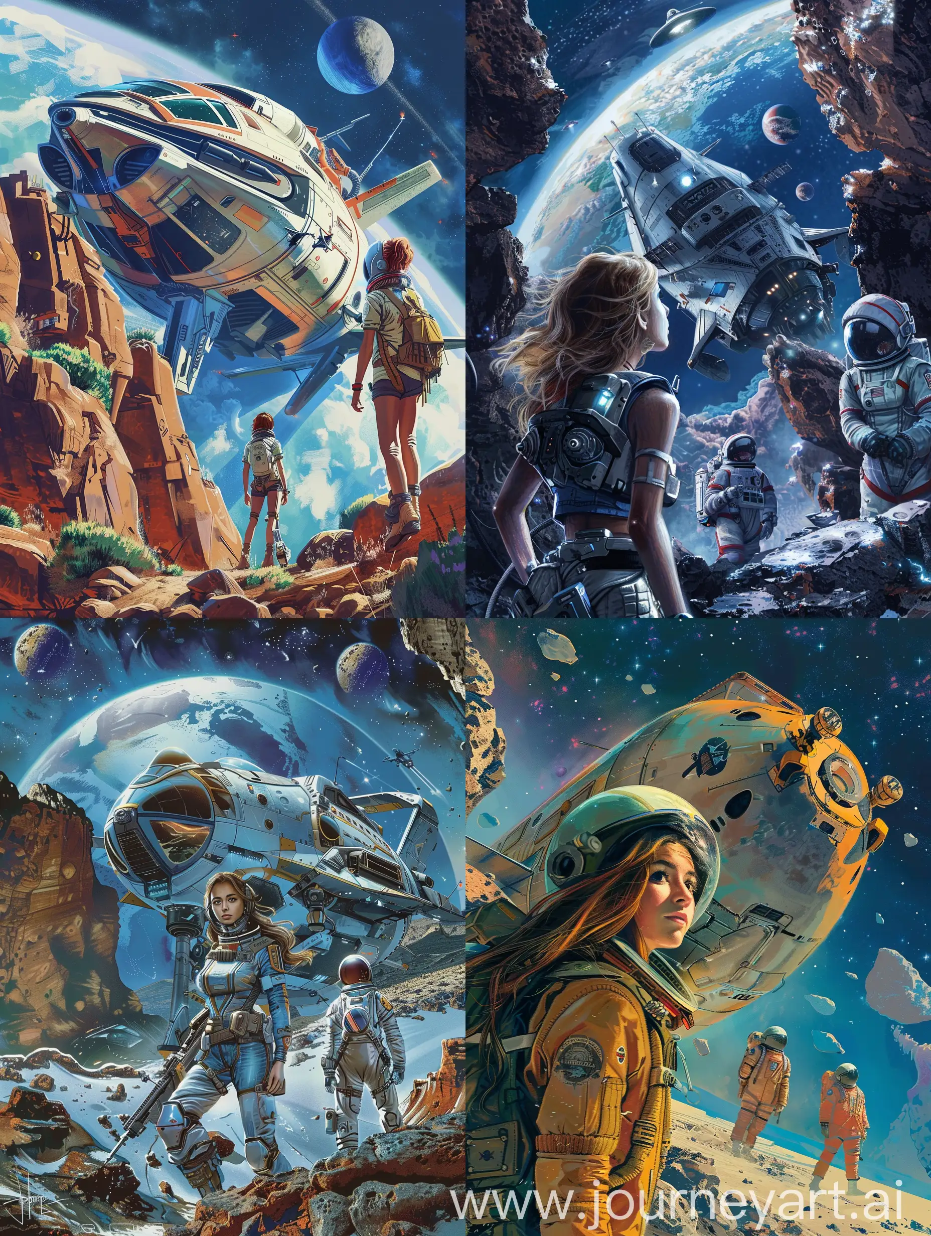 Create a visually exciting and challenging illustration in a realistic fantastic style of a beautiful young woman Space Nomad and Wanderer and asronaut in front of a spaceship discover in deep space. The illustration should depict a scene show grand scale, and incorporate influences from cosmoopera in comic style