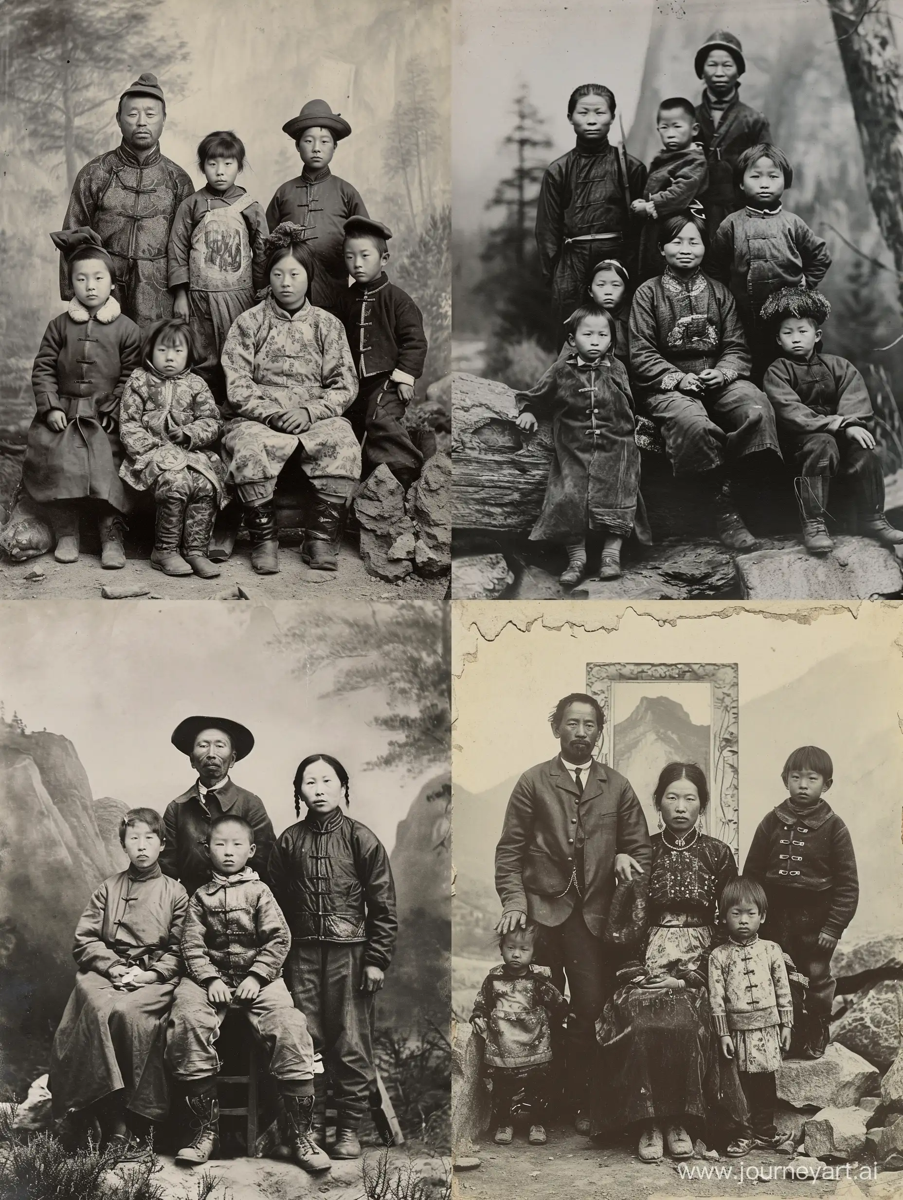 Historical black and white photographs dipicting a detail shot of a Chinese worker's family portrait, who resides at Yosemite in the late 1800s. 