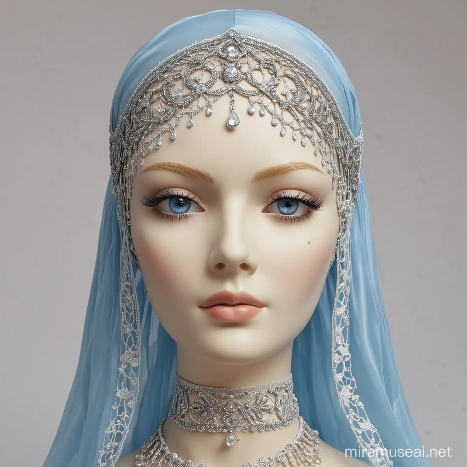Blue veil. Silver detail. Dressmaker mannequin head. Imperial. Lace.