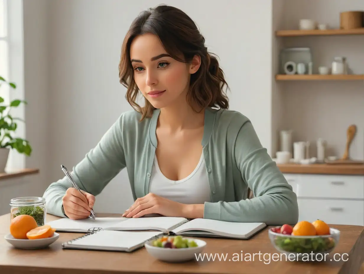 Woman-Writing-Diet-Plan-in-Notebook-at-Table