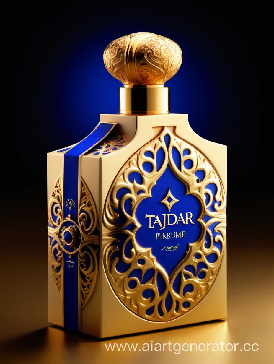 Box package design of perfume TAJDAR product, elegant, trending on artstation,   sharp focus,   studio photo,   intricate details,   highly detailed,   gold, Royal Blue and beige color on gold background