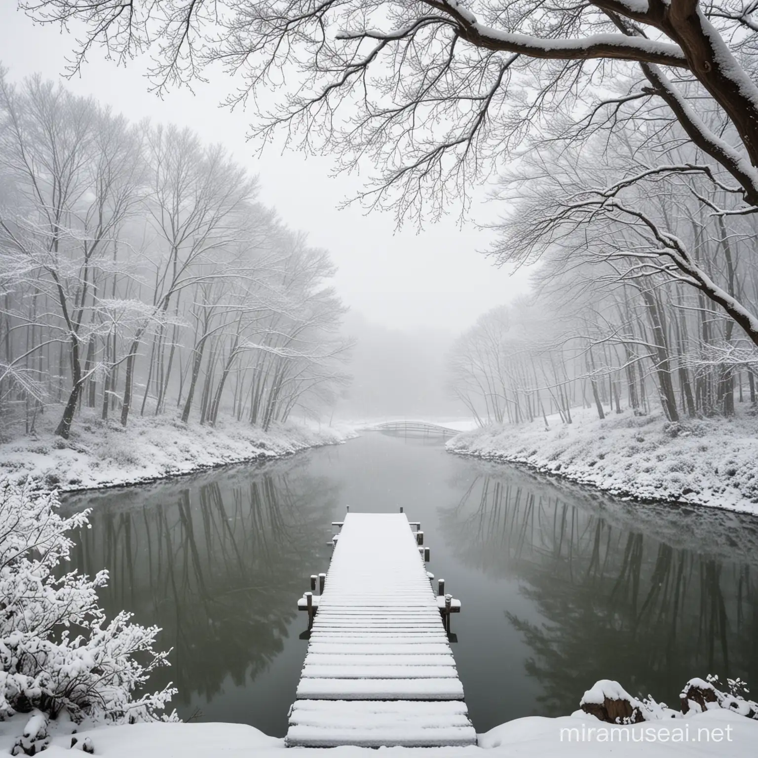 A serene and dreamy photo of a snowy morning at Hibara Lake in Yama-gun, Fukushima, Japan. The lake, partially covered in a blanket of fresh snow, reflects the foggy sky above. The surrounding trees are dusted in snow, their branches bent under the weight. A wooden bridge, partially visible through the mist, leads to a small island, creating a picturesque scene. The overall ambiance of the photo is tranquil and peaceful, with a sense of calmness and natural beauty., photo,