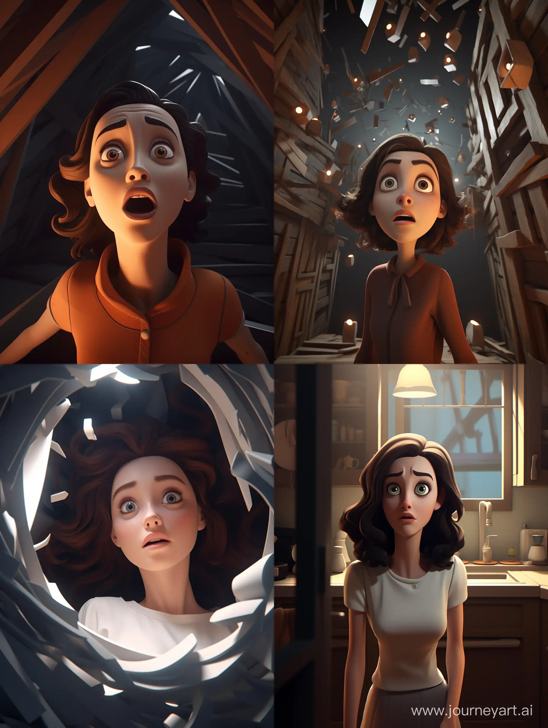 The woman was afraid of what she saw. 3d animation style