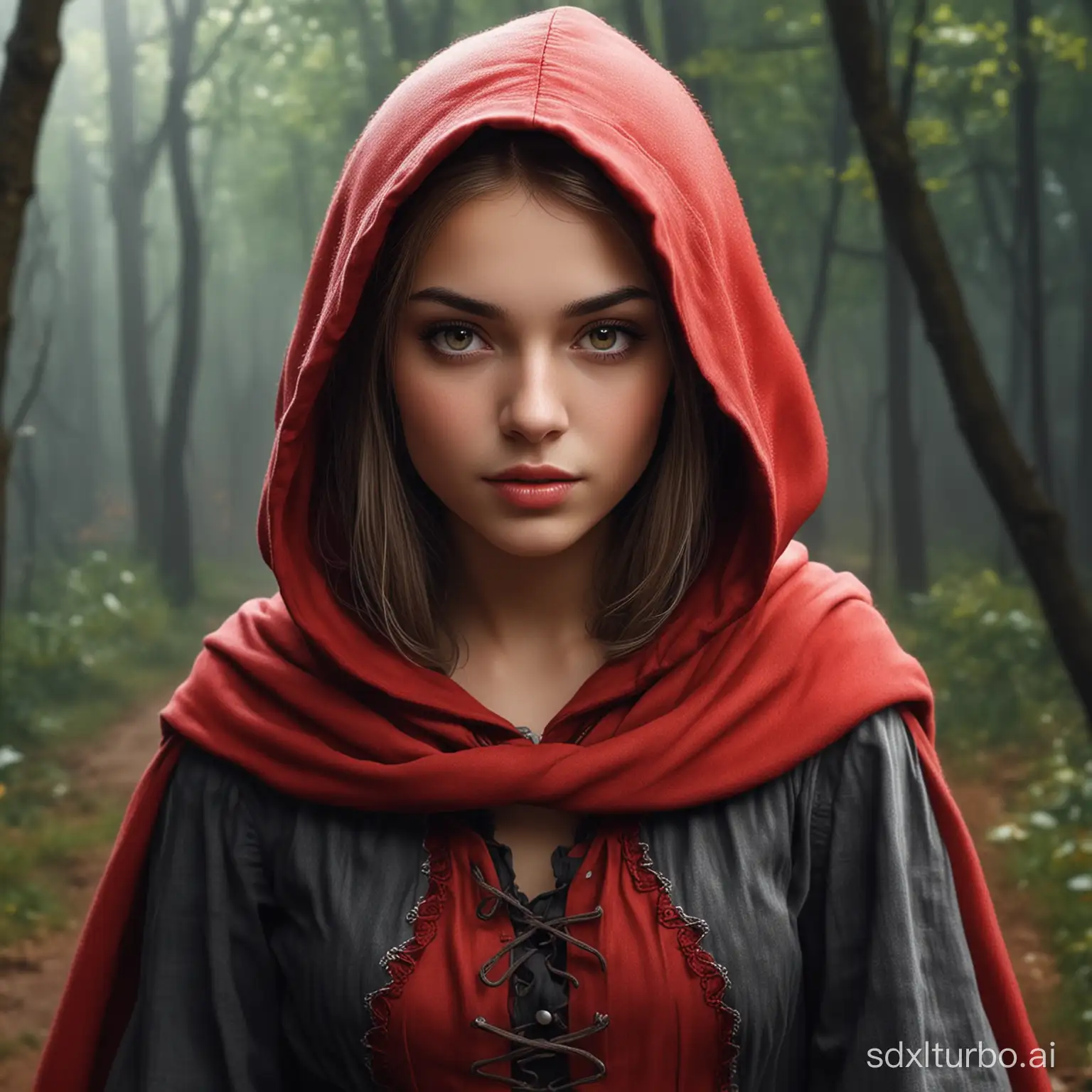 little red Riding hood, fairy tale character, beautiful girl, fantasy, realistic high quality image