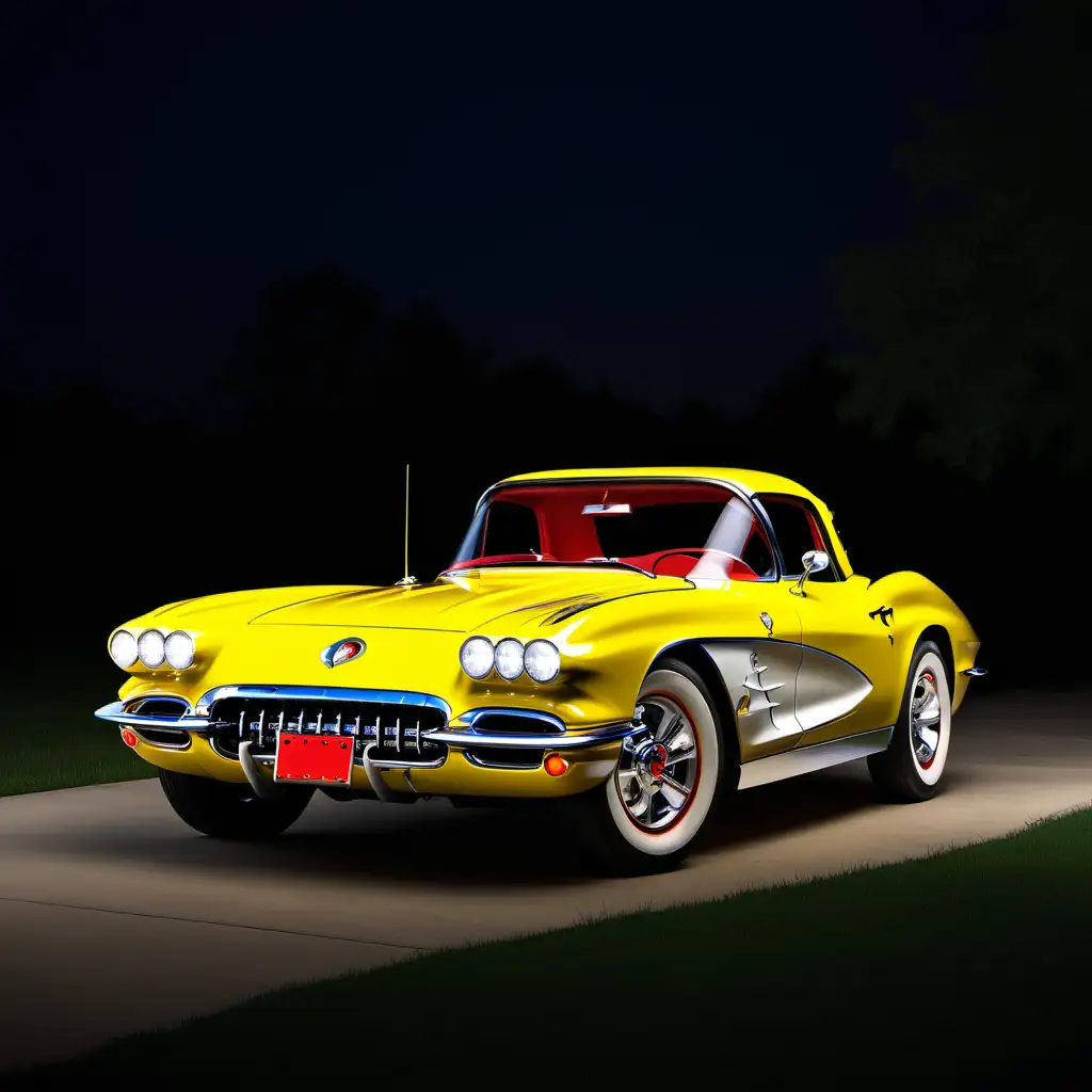 Nighttime High Definition Photo of Yellow 1962 Corvette Stingray with Metal Flake Paint