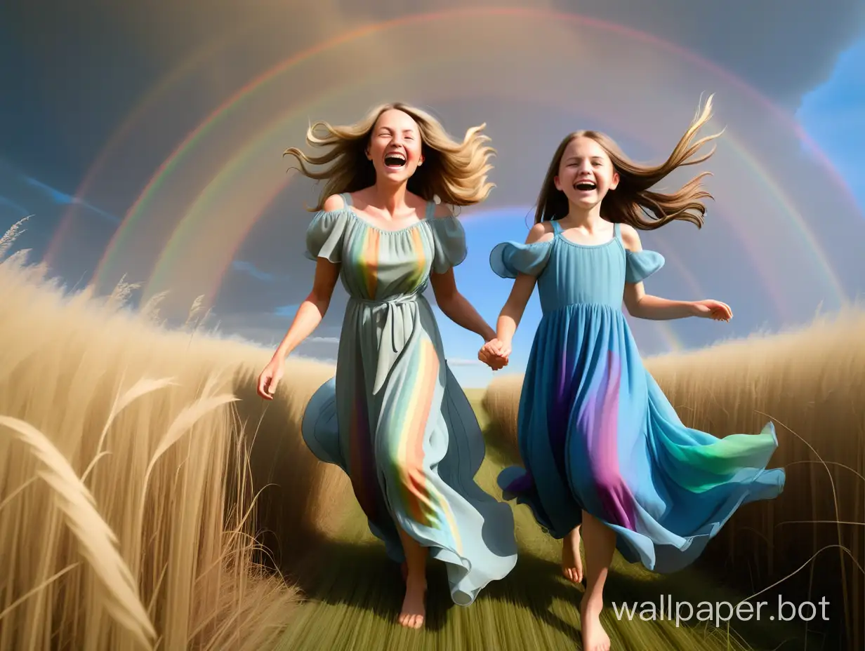 Mother and her 11-year-old daughter in flowing dresses run through tall grass under a blue sky with a rainbow