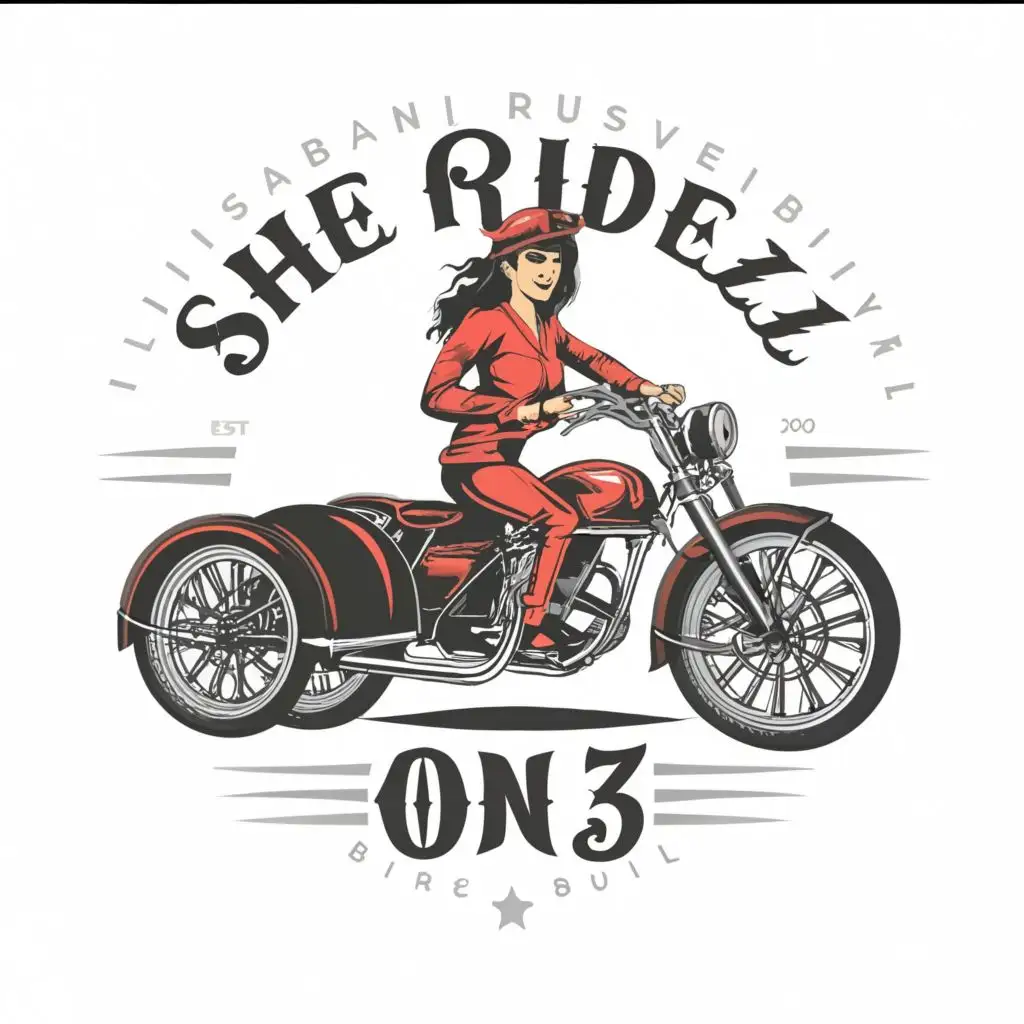 logo, 3 Wheeler bike with a lady rider, with the text "She Ridez on 3", typography, be used in Travel industry
