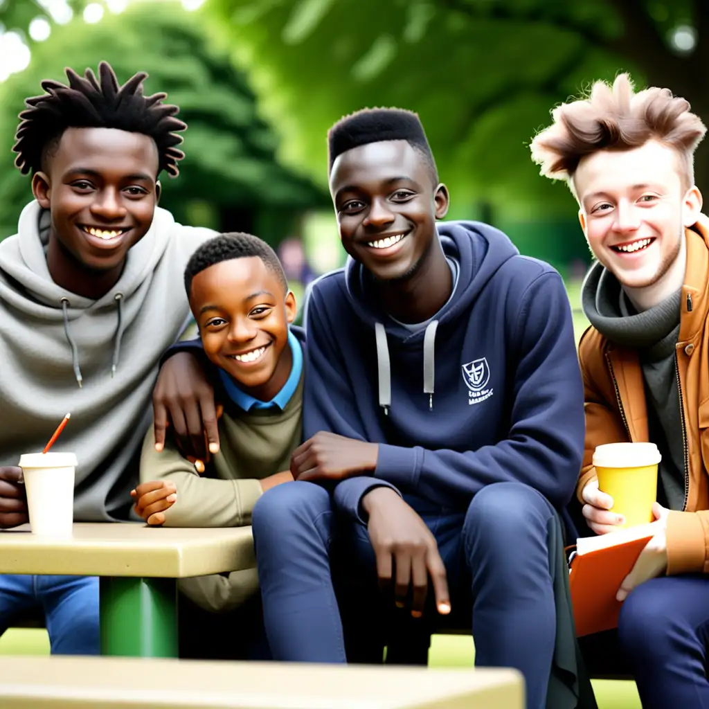 Image of David, a Nigerian student studying in the UK smiling with friends at a park