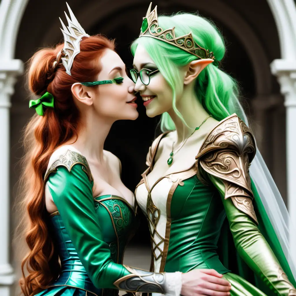 women kissing on their wedding day,A portrait of two young women lovers  on their wedding day, On the left is a beautiful short elf woman with long blonde hair wearing a regal elvish looking crown decorated with emeralds, the elf pretty girl has blue eyes and wears a beautiful green dress, the pale skin cute elf woman is looking up into the eyes of her adorable nerdy wife, The pretty elf on the left is shorter than the nerdy muscle mommy on the right, The green skin nerdy cute girl on the right is a strong tall  girl with green skin and round glasses, the green skin contrasts to her bright red hair tied up into an elegant bun ,the plain green happy woman is wearing round glasses, the sweet nerdy muscle mommy is very tall has green skin and smiles with the most adorable face, The green woman on the right is wearing royal  artificer armor, the cute green girl is leaning down to kiss the cream skinned elf woman on the left, Their arms are around each other and are in love with each other,  They are standing in an elegant elvish palace and framed by white curling architecture, busty, two women in love, a tall cute green nerd girl and a beautiful short pale elf woman kissing