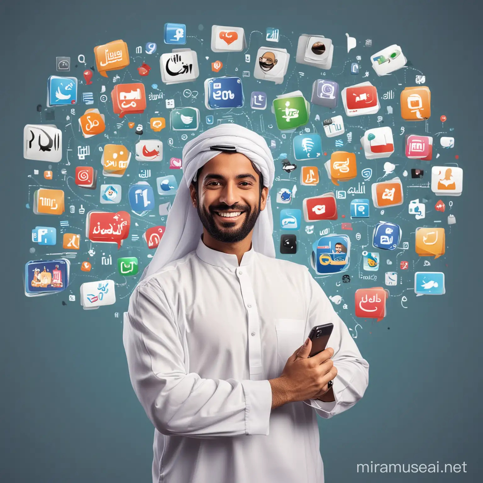 Arabic man wearing Kandora, happy expression in action pose, Behind the Arabic man show various social media icons and email, mobile and platforms interlinking,create a background that shows all aspects of a digital marketing company, Dubai background