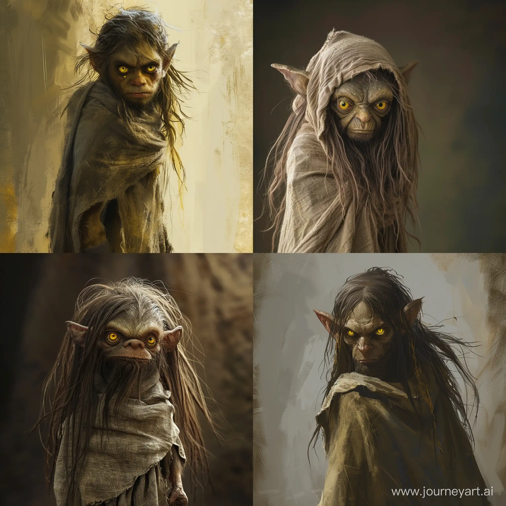 a young goblin with long hair behind his back, without a beard and mustache, his entire height, face and entire body are wrapped in a baggy cloth in the manner of a poncho, with yellow evil eyes