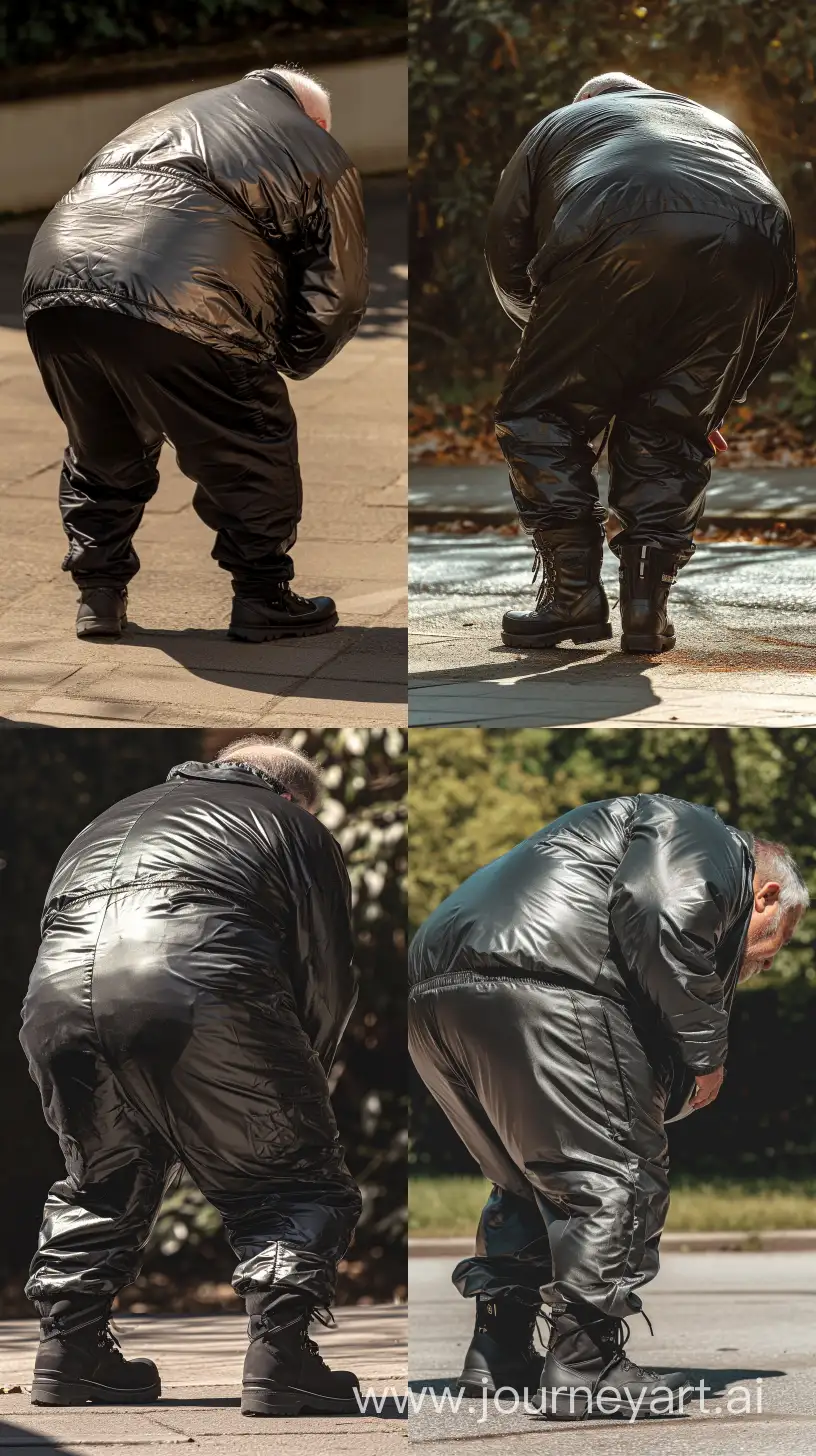 Back view fashion photo of a chubby man aged 70 wearing a slightly shiny black tracksuit. Black Hiking Boots. He is bending over. Direct Sunlight on his behind. Outside. --style raw --ar 9:16 --v 6