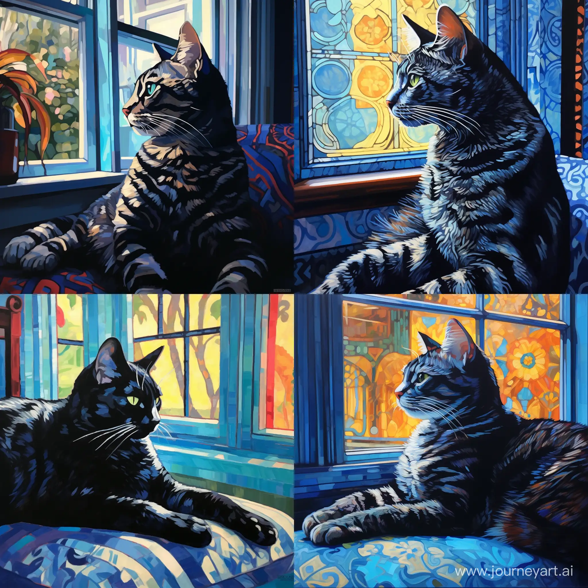 Relaxed-Blue-Patterned-Cat-Lounging-by-Sunlit-Window