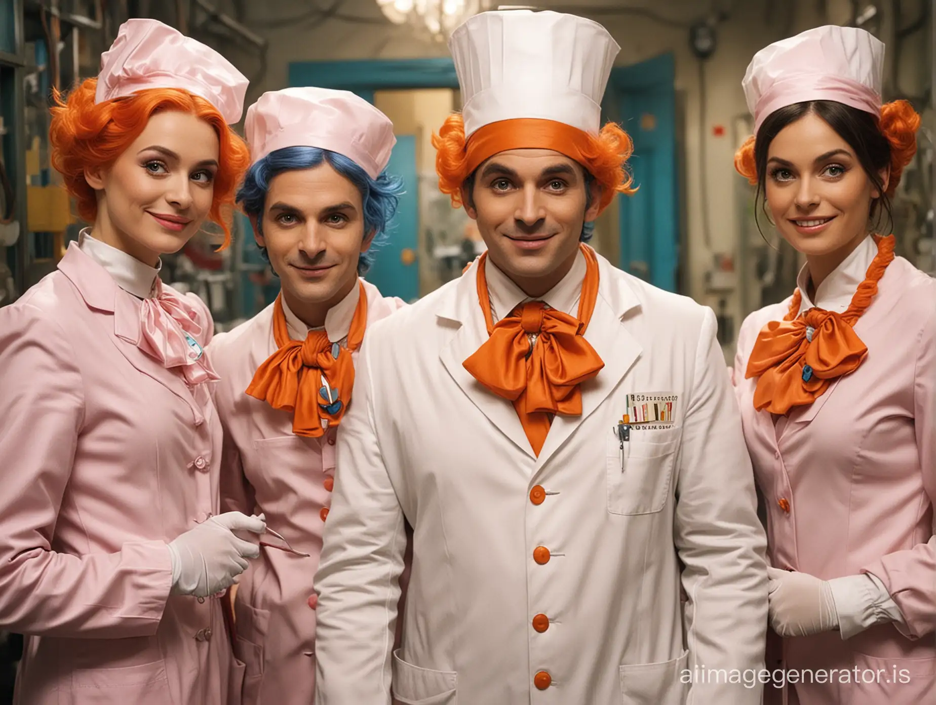a flamboyant doctor with small oompa loompas as nurses. Weird and colorful fantasy world. Charlie and the chocolate factory like atmosphere. Extremely weird.