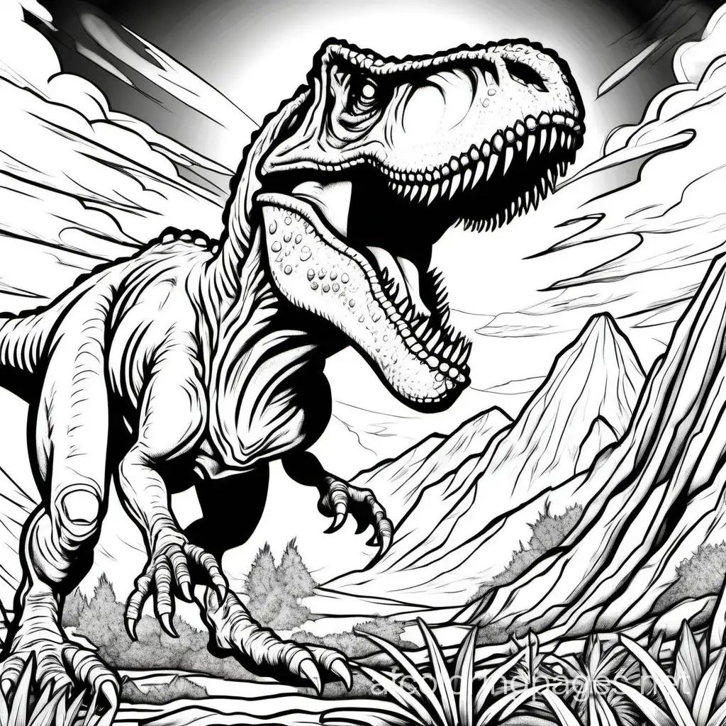 "Craft a coloring page with a Tyrannosaurus rex roaring in a dramatic pose."
coloring page black , Coloring Page, black and white, line art, white background, Simplicity, Ample White Space. The background of the coloring page is plain white to make it easy for young children to color within the lines. The outlines of all the subjects are easy to distinguish, making it simple for kids to color without too much difficulty