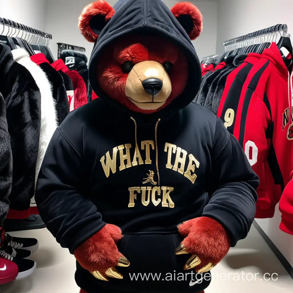 Scary, terrifying, ultra realistic, extremely detailed, 7 foot tall red teddy bear, detailed red bear fur, bright all white eyes, wearing an expensive high Nike black hoodie with gold stitching, face palm gesture,
.
.
Giving off expression as if he was saying "WHAT THE FUCK!"