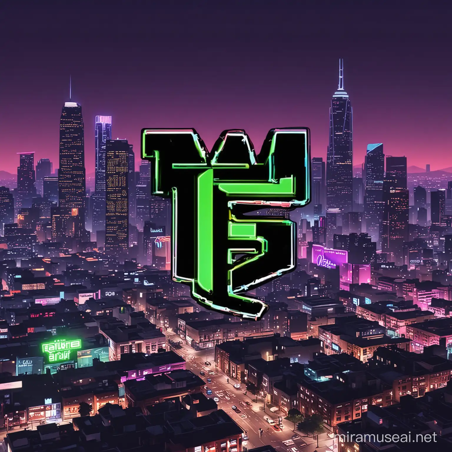 I need a Logo with a background like in GTA V with neon lights and without any text but with a huge R on the front of it, the logo should be without any characters, just a city, neon lights and huge R sign on the front